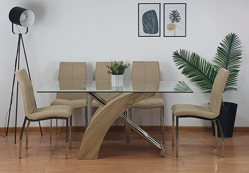 Juego Comedor Mesa Vidrio Madera 200 Y 6 Sillas Chenille