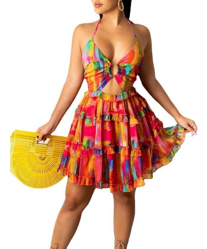 Vestido De Tirantes Con Estampado De Acuarela Multicolor