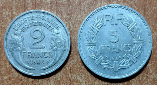 Lote 2 Monedas Francia 2 Francos - 5 Francos 1948 - 1949 (Usado)