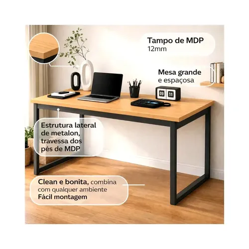 Mesa Escritório Industrial 150x60 Estrutura Ferro Reforçado Home Office - R$ 205