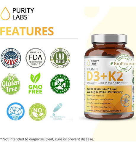 Purity Labs Vitamina D3 K2 10000 Ui 120 Cápsulas