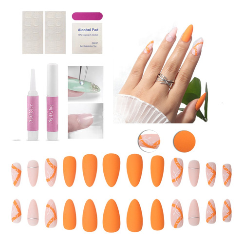 24 Uñas Manicure Postizas Adheribles Largas Con Kit Pegament