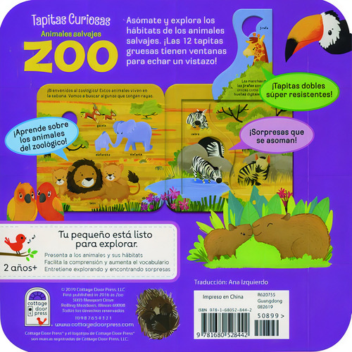 Tapitas Curiosas: Animales Salvajes Zoologico, De Garnett, Jaye. Editorial Cottage Door Press, Tapa Dura En Español, 2019