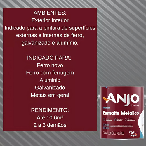 Tinta Esmalte Sintético Metálico Plus 3,6 Litros Para Ferro Direto Na Ferrugem Com Base Solvente E Secagem Rápida Anjo Cor Prata Lunar