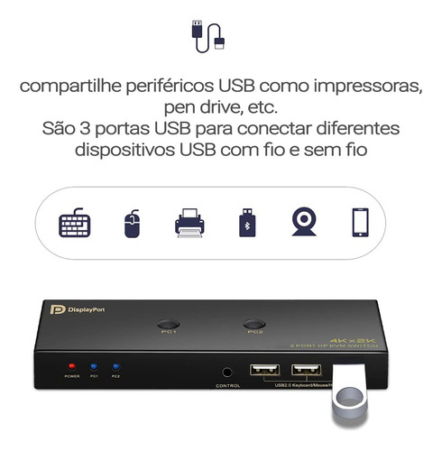 Chaveador Switch Kvm Display Port 2x1 Displayport 4k Usb