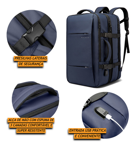 Bange Mochila Executiva Para Viagem Expansível Entre 27-40 Litros Cor Azul