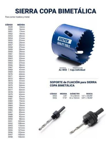 Mecha Copa Madera Metal Plastico 22mm Sierra Bimetal