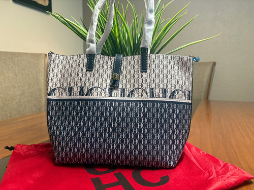 Bolso Ch, Blanco Con Azul Estampado, Nuevo Blanco Con Azul Estampado Níquel Azul