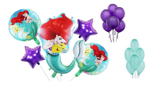 Set Globos Metalizado La Sirenita X5 + 12 Globos R12 Latex