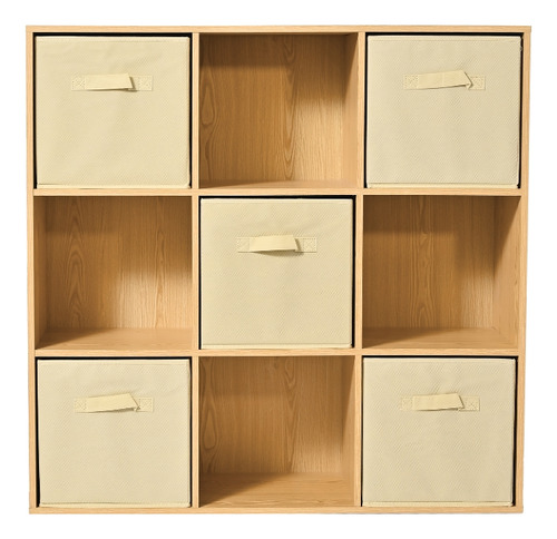 Mueble Librero Organizador 9 Modulos 5 Cubos Tela Incluidos Color Madera / Beige