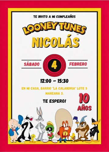 Invitación Cumpleaños Tarjeta Digital Looney Tunes 