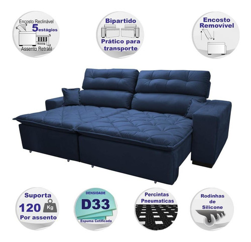 Sofá 3,02m Retrátil E Reclinável Cama Inbox Confort Azul