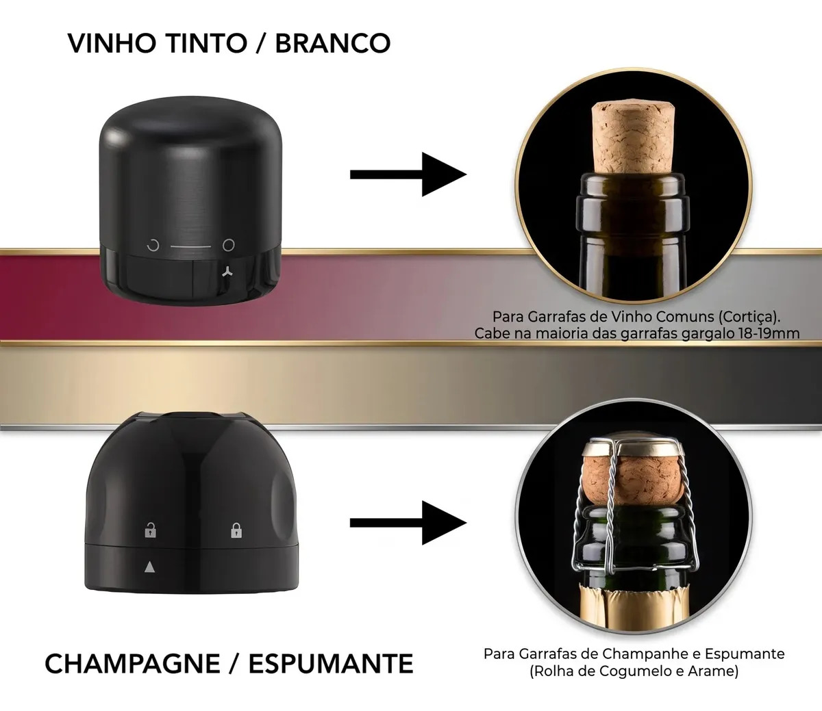 Kit 2 Tampas Rolha Hermética De Pressão 1 p/ Champanhe e 1 p/ Vinho