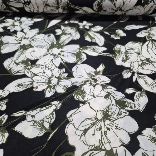 Tela Por Metro Seda Fría Estampada P/blusas/vestidos.. Negro Flores