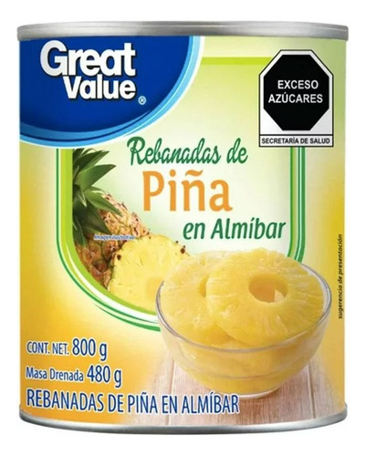 3 Pzas Conserva Rebanadas Piña Great Value En Almíbar 800 G