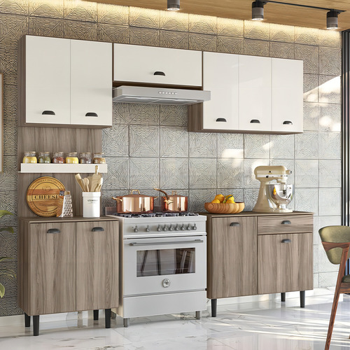 Armario de cocina y encimera Nici de color roble natural/blanco roto
