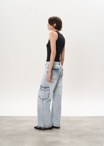 Pantalón Wide Leg Cargo De Jean Rígido Tiro Medio- Scott