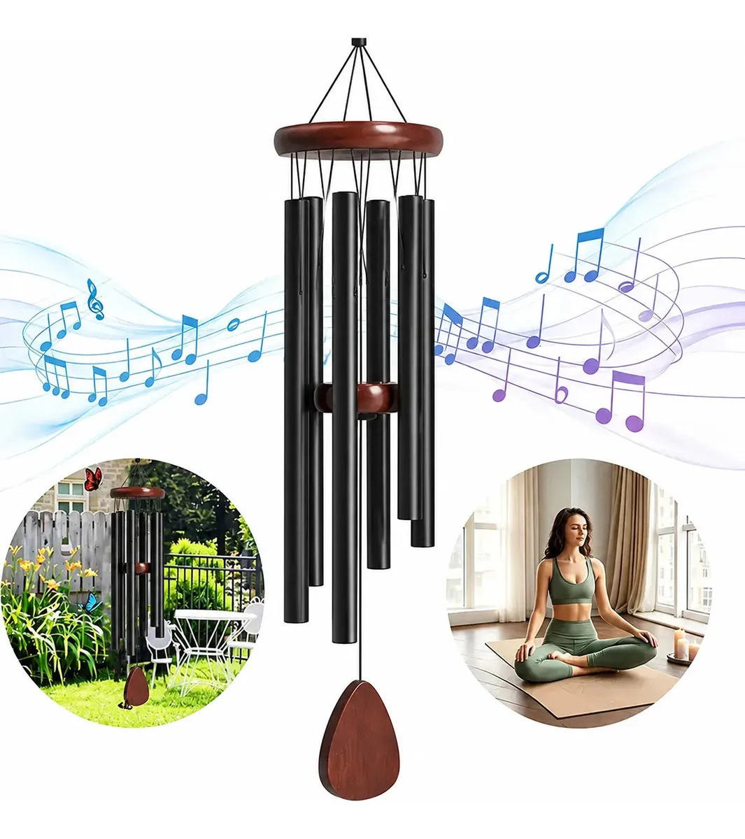 Campanilla de Viento Grande de Aluminio Negra con Diseño Zen para Jardín