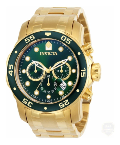 Reloj Invicta Pro Diver con placa, fondo dorado y verde, 0075, color de la correa, color dorado, fondo dorado