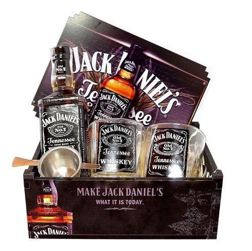 Kit Whisky Jack Daniels 375ml + Caixa Mdf+ 2 Copos + Dosador