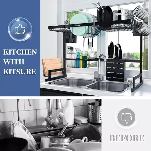 Kitsure Escurridor de platos, ahorra espacio, para encimera de cocina,  estante de acero inoxidable duradero con un soporte para cubiertos, para