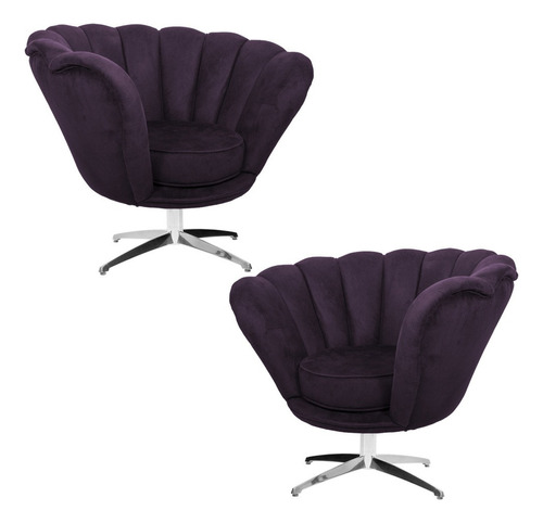 2 Poltronas Crown Pés Evo Polido Giratório Veludo Roxo