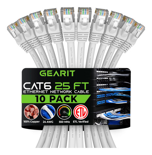 Paquete De 10 Cables Ethernet Gearit Cat 6 Cat6 Snagless Pat