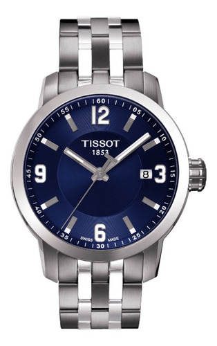 Reloj pulsera Tissot T-Sport PRC 200 de cuerpo color plateado, analógico, para hombre, fondo azul, con correa de acero inoxidable color plateado, agujas color gris y blanco, dial gris y blanco, minutero/segundero blanco, bisel color plateado y desplegable