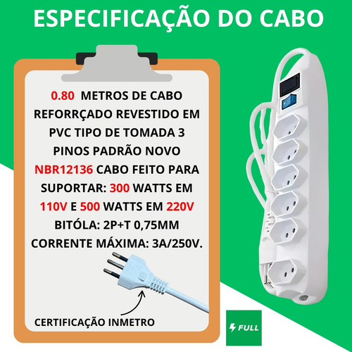 Filtro De Linha Régua Extensão 6 Tomadas Protetor Elétrico Cabo 0.7 Metros 10a Cor Preto + Fusível Silício