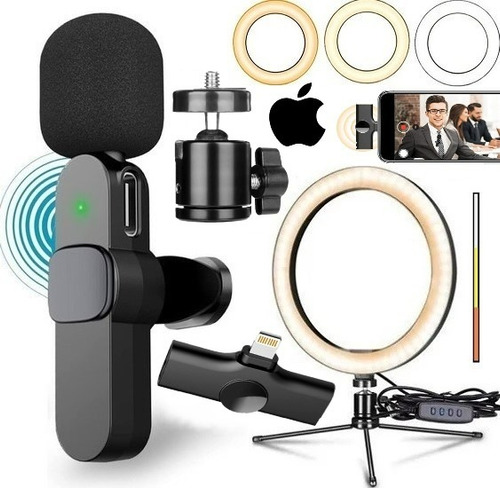 Kit Microfone De Lapela Celular + Tripé + Flash Ring Light