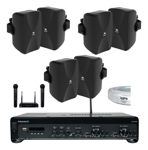 Kit Som Ambiente Receiver + 6 Cx Jbl + 50mts Fio + Microfone