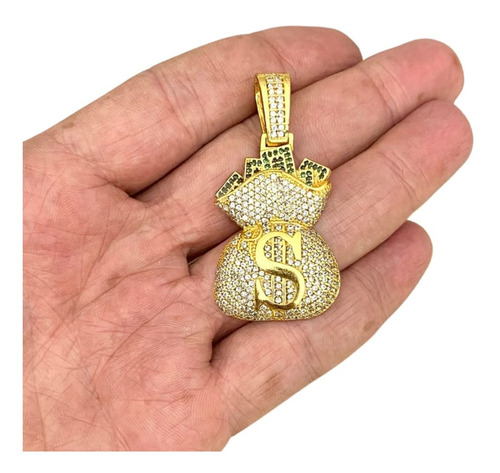 Pingente Cravejado Saco De Dinheiro Banhado Ouro 18k Luxo