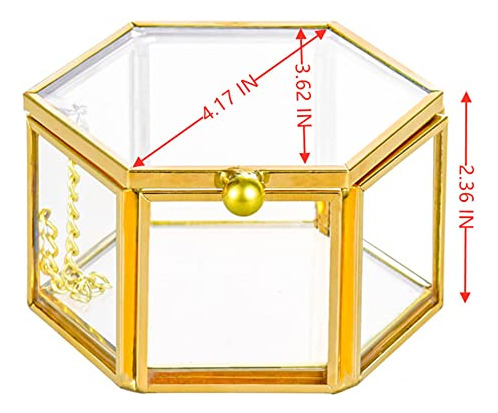 Joyero De Cristal Hexagonal Dorado Para Anillos Y Aretes