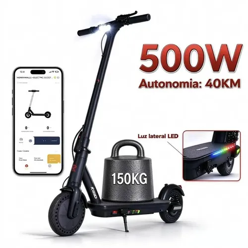 MANKEEL 087 Patinete Elétrico Adulto, 500W, 25km/h, Autonomia 40km, Suporta 150kg, Bateria 36V 7.8AH, Dobrável, Bluetooth, Luz Lateral LED, Suspensão