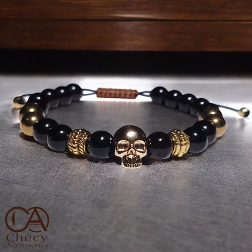 Pulsera Calavera, Onix, Hematita Dorada, Oro Laminado 10 K Negro/dorado 8 Cm