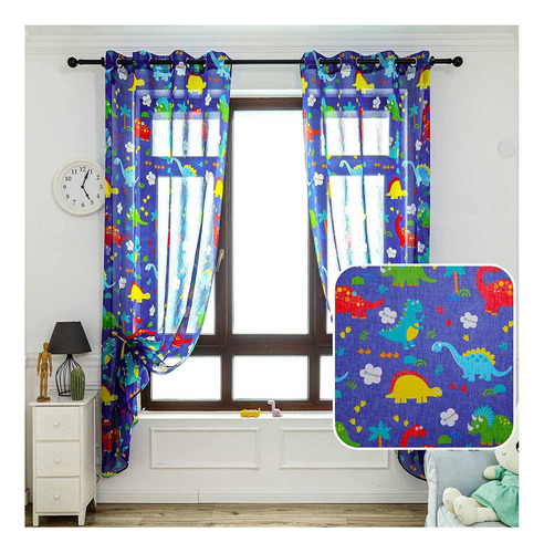 Pack 2 Cortinas Visillos 140 x 230 Más Juego De Sábanas Dinosaurio