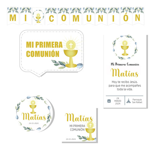 Kit Imprimible Editable Comunión Hojas Celestes Caliz Dorado