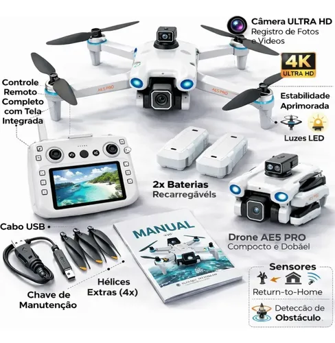 Drone Ae5 Pro 4k Profissional Com Gps Câmera Ultra Hd Controle Co...