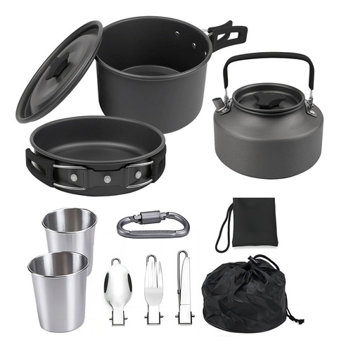 Set Ollas Outdoor Camping Cocinilla Utensilios Negro