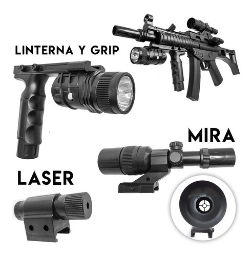 Imagen 4 de 10 de Rifle Subfusil Airsoft Mp5 Replica Resorte Laser Linterna