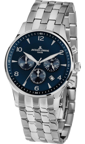 Reloj Jacques Lemans 1-1654zg London Cronógrafo-acero Correa Plateado Bisel Azul Fondo Azul