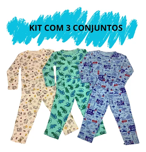 Kit 03 Pijama Manga Longa Infantil Menino 02 A 16 Algodão