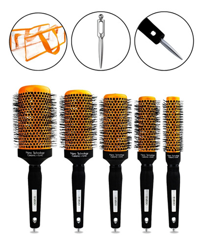 Kit 5 Escovas Cabelo Profissional Cerâmica Térmica + Bolsa