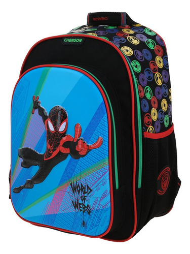 Mochila Grande Escolar Chenson Miles Morales Feiquer Niño Color Negro Diseño De La Tela Liso
