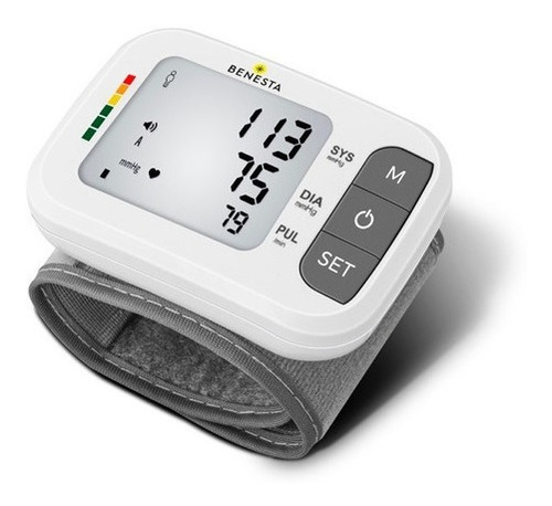 Baumanómetro Digital Para Muñeca Blanco Benesta Bp-201m. Monitor De Presión Arterial Con Indicador De Pulso. Memoria 1x120. Brazalete Estándar 13.5-21.5 Cm. Pantalla Lcd. Rango De Medición 0-300mmhg