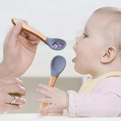 Juego de tenedor y cuchara de silicona para bebé, 1 tenedor de silicona, 1  cuchara de silicona para bebé, auto alimentación, mango de madera, cuchara