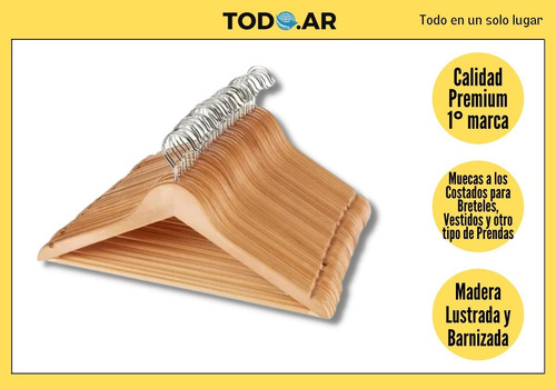 Pack De 6 Perchas De Madera Lustradas Barnizadas Premium