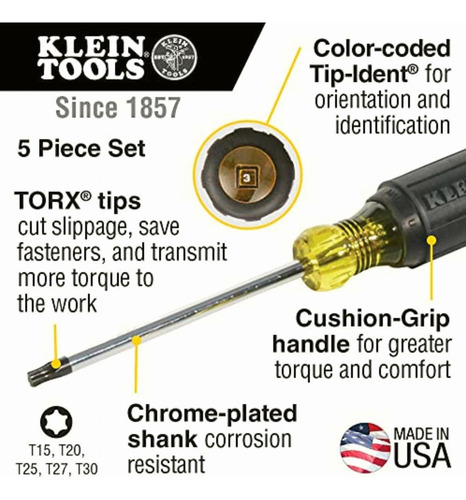 Klein Tools 19555 Screwdriver Set, 5 Pc. Cushion-grip Torx