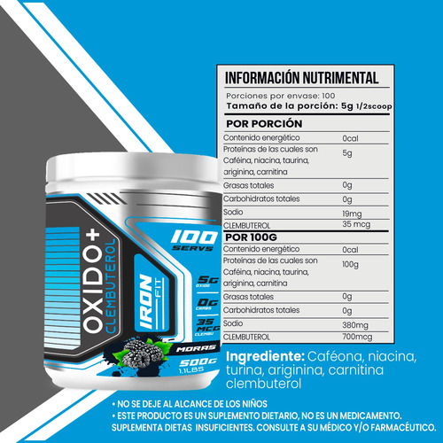 Oxido Nítrico + Clembu Pre Entreno 500g Iron Fit 100 Servs Moras
