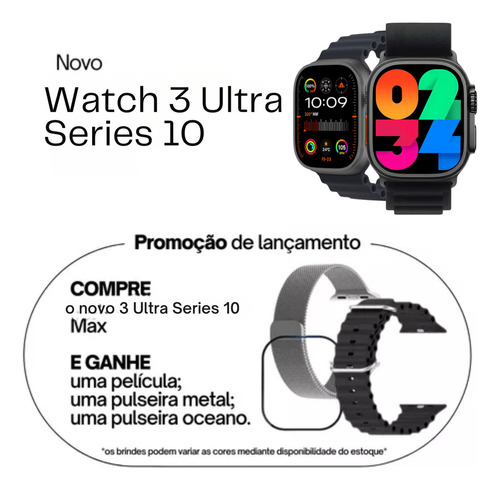 Smartwatch Watch Ultra Serie 10 Nfc Gps Amoled Pulseira Preto 2 pulseiras e película